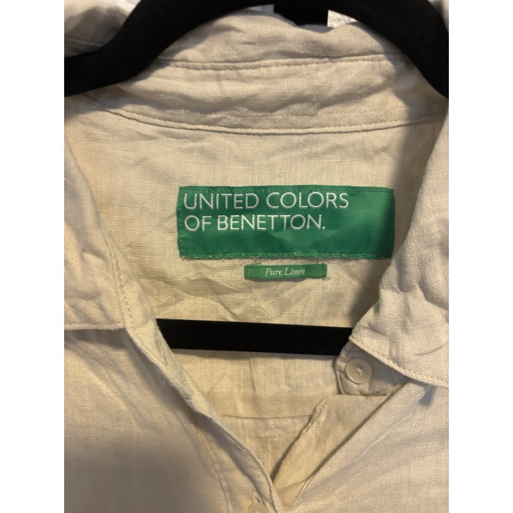 United Colors of Benetton Pure Linen Button Up Shirt Beige Oatmeal Relaxed Overs